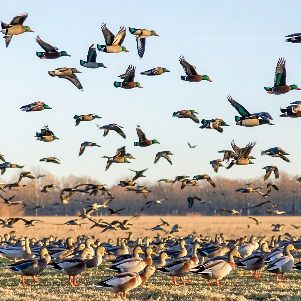 hundreds of ducks flying over hunting field