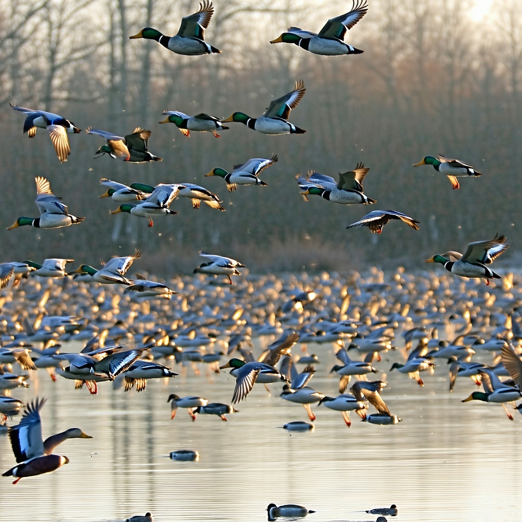 hundreds of ducks hunting flying and on pond-1
